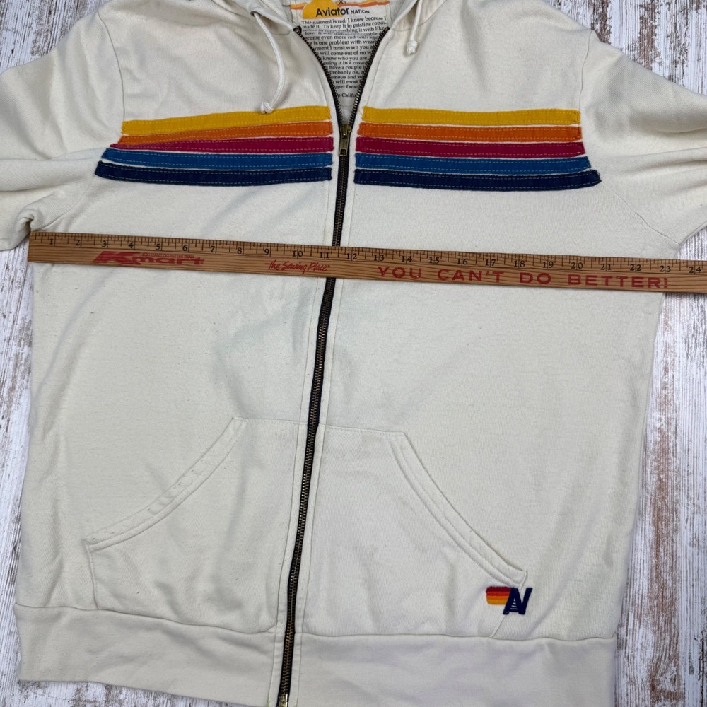 Aviator Nation 5-Stripe Rainbow Zip Up Hoodie Cream White XL Unisex Sweatshirt - Picture 7 of 11